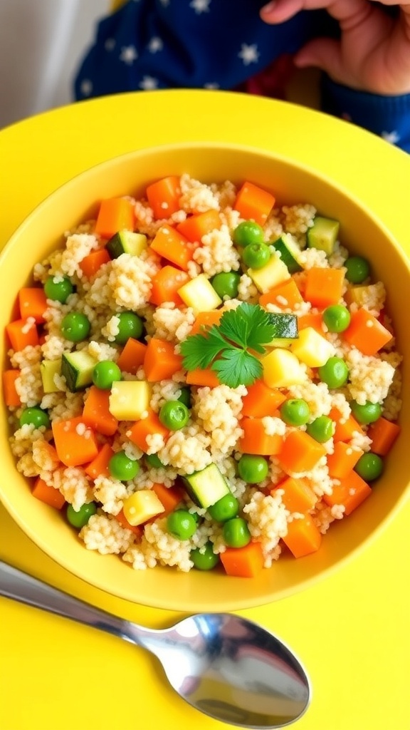 A nutritious quinoa bowl for toddlers with vegetables and parsley on a colorful table.